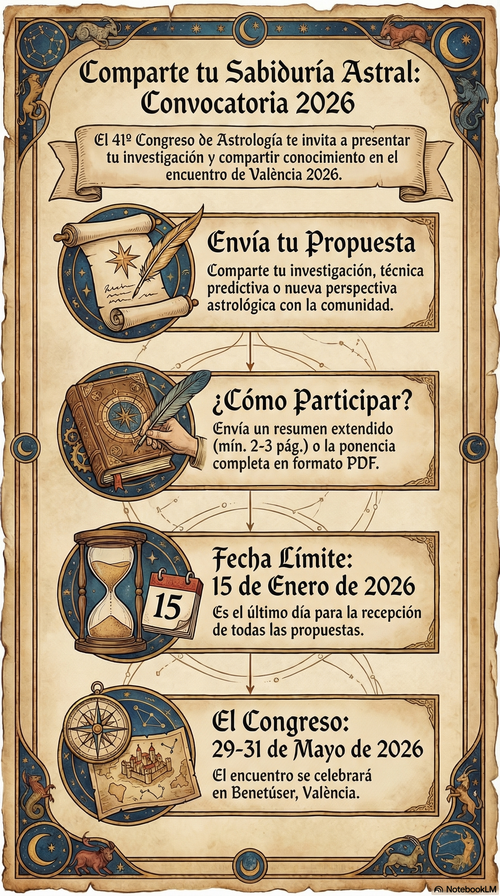 convocatoria de ponencias: 41º Congreso Astrología de València 2026. Envía tu propuesta con un resumen extendido o la ponencia completa en formato PDF. Fecha límite 15 de enero de 2026 (último día de recepción de todas las propuestas). El Congreso se celebrará entre el 29 y el 31 de mayo de 2026, en Benetússer, València.
