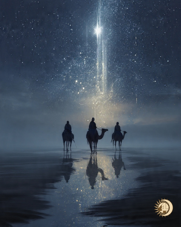 En una escena mágica, los tres Reyes Magos de Oriente viajan de noche bajo un cielo estrellado, siguiendo la Estrella de Belén. ¡Feliz Noche a tod@s!